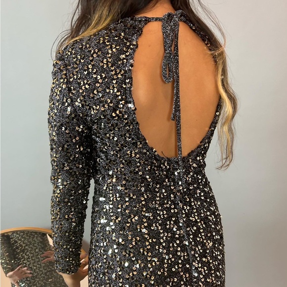 Vintage 70s Black & Gold Silver Static Sequin Knit Open-Back Disco Dress - Picture 4 of 5